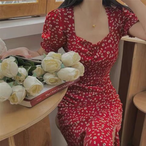 French Platycodon grandiflorum Red Floral Summer Dress V-neck split waist slim temperament dress 2022 new style