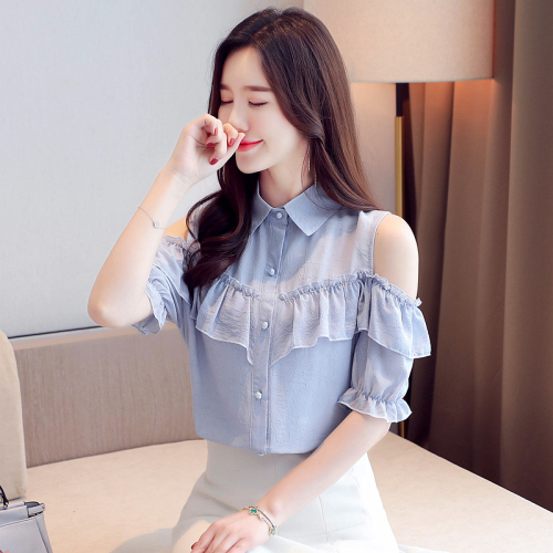 Leaky shoulder chiffon blouse women's short sleeve summer super immortal Korean version loose air small shirt with ruffle edge off shoulder top trend