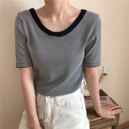 Real photo real price new striped T-shirt women's round neck short sleeve slim top