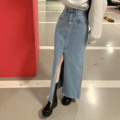 Spot high waist sexy front slit feminine denim skirt