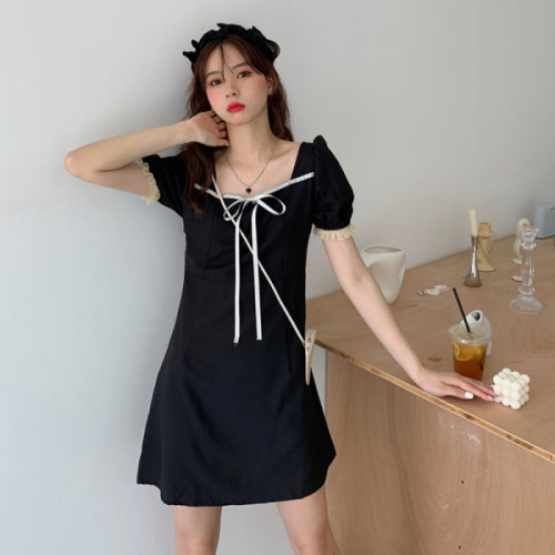 Real shot  bubble sleeve high waist thin Hepburn style small black skirt French style small man dress summer