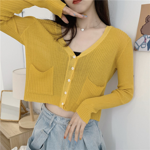 Ice silk knitted cardigan women's long sleeve summer new loose and versatile short V-neck top thin sun proof air conditioning shirt