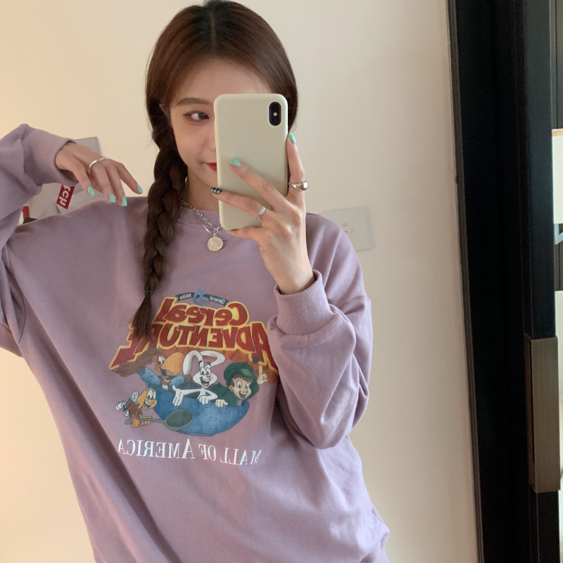 310g imitation cotton interwoven fabric can't pill, winter thickened and fleece sweater women's round neck print, back bag strip
