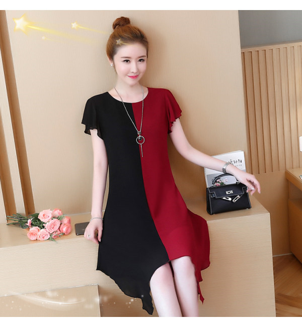 Large 2022 summer new fat sister skirt slim Chiffon stitching medium long casual short sleeve dress women