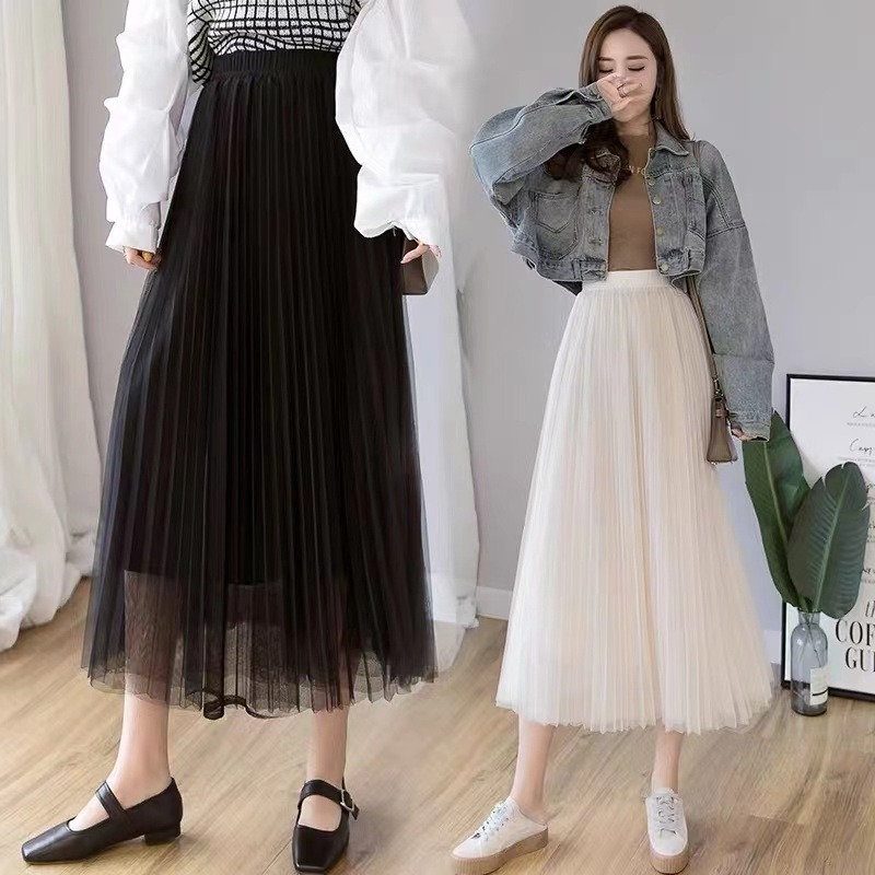 2022 spring and summer new mesh skirt women's Chiffon spring and autumn long yarn skirt pleated long skirt A-shaped skirt