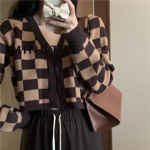 Knitting Sweater Women 2022 Korean version loose French plaid shorts long sleeve knit cardigan coat