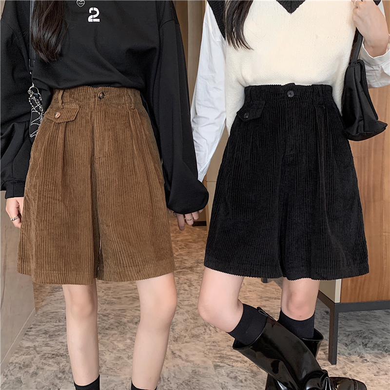 Real shot - New corduroy Shorts Large women's fat sister mm high waist straight tube wide leg pants