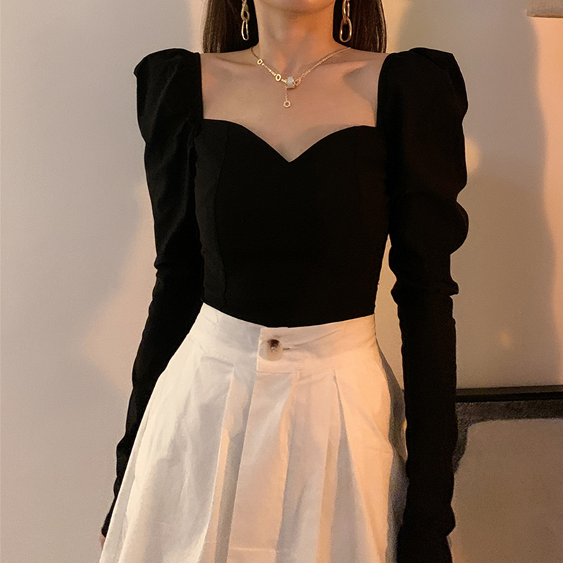 French Style Bubble Sleeve long sleeve T-shirt women's 2021 spring and autumn new style temperament slim ins top trend