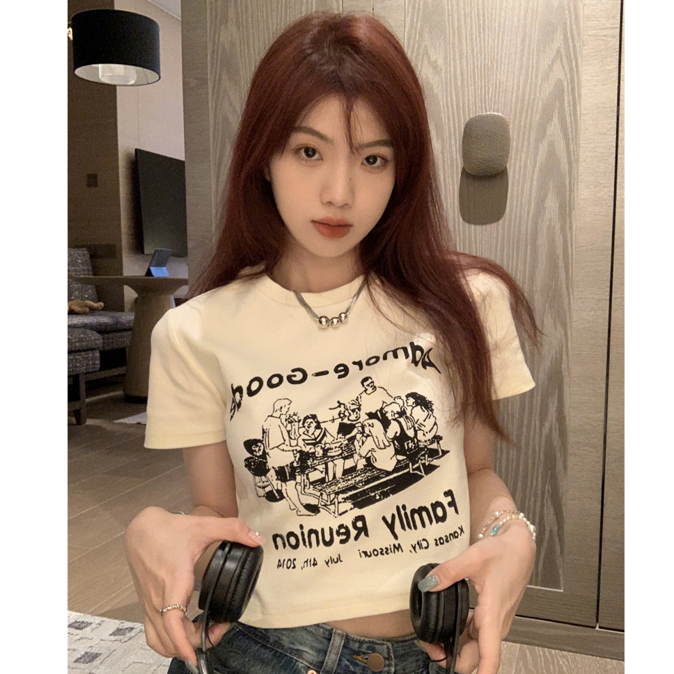 Threaded short tops short-sleeved T-shirts for women 2023 summer new style American retro printing ice silk threads