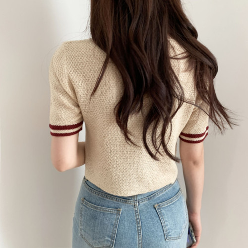 Korean chic heavy industries Korean V-neck embroidery Knitted Top retro short sleeve pocket T-shirt