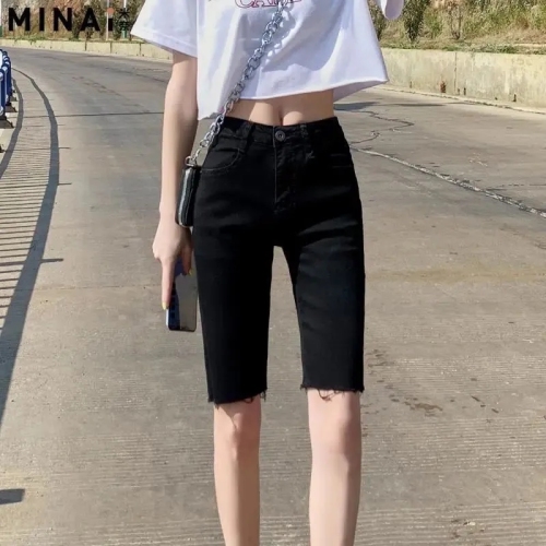 Black 5-point medium pants women's straight tube port flavor 2021 spring and summer outer wear Cycling Tight high waist denim shorts women's thin style