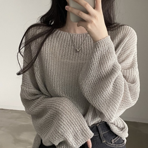 Real shot large size fat mm Korean version loose casual sunscreen blouse women's all-match solid color early autumn knitted top