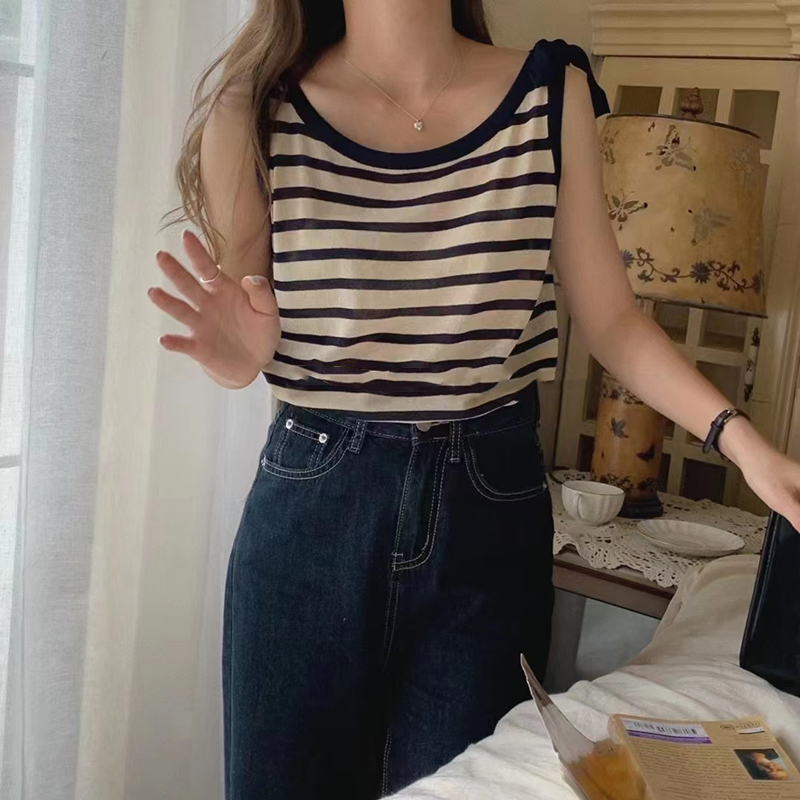 Leaves stripe ins style single side bow shoulder belt knitted vest women's 2022 versatile backless sleeveless top