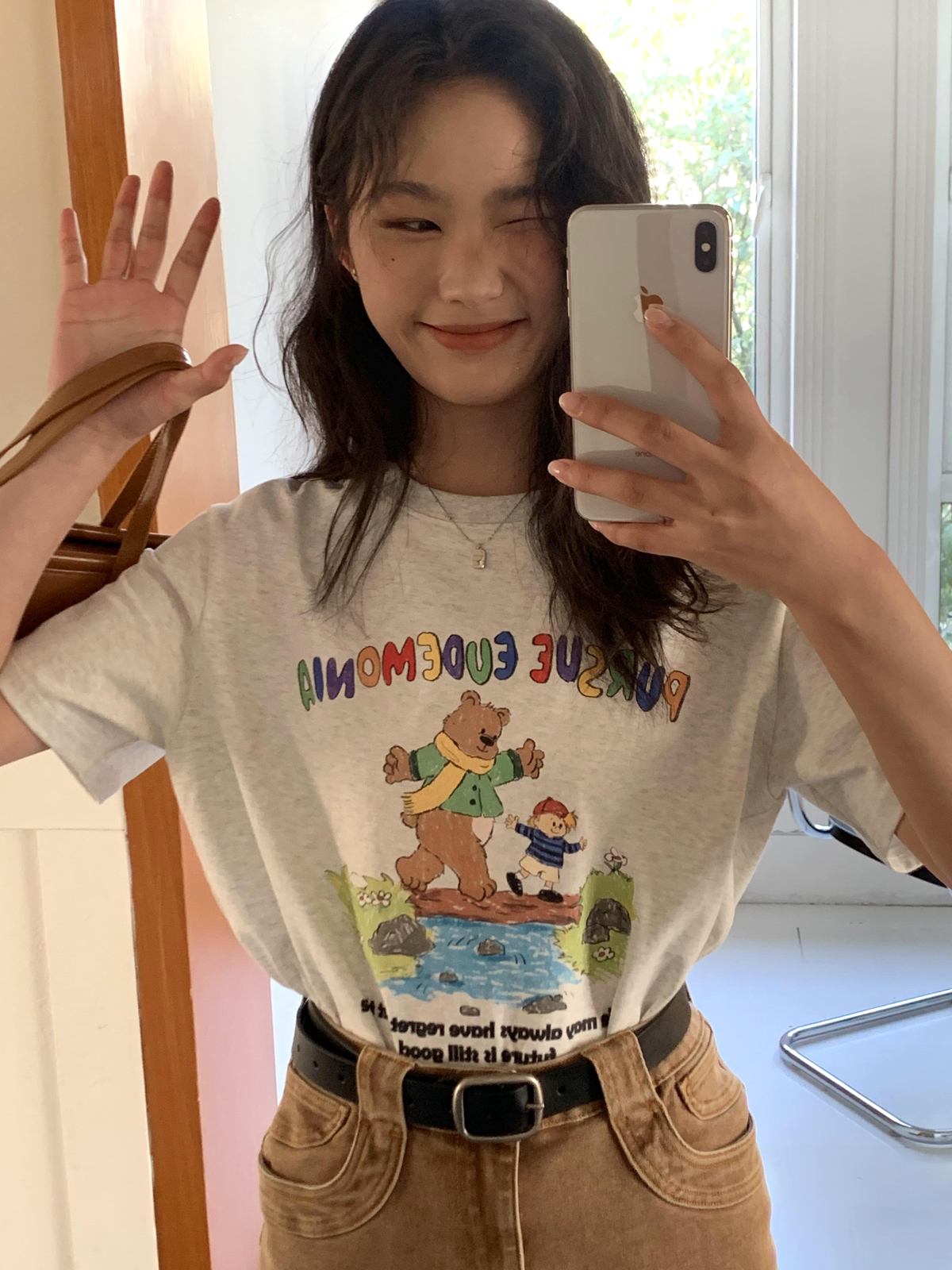 Hello Canon bear print short-sleeved t-shirt women's summer 2023 new cotton loose t-shirt top