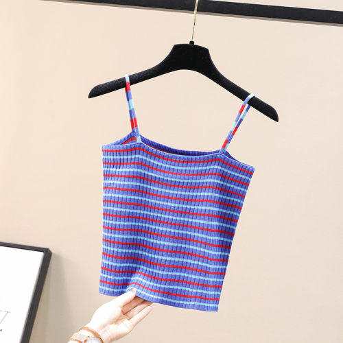 Real shot elegant style fashion color matching small suspender vest Korean version short fit Western style stripe bottoming Shirt New Summer