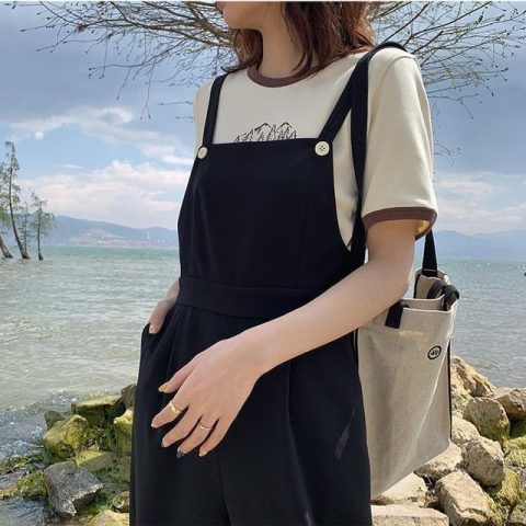 Single suspender pants suspender pants women's loose straight pants in summer, falling feeling, wide leg casual pants