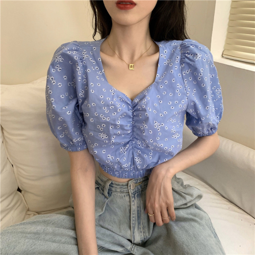 Real photo real price summer new Korean retro floral square collar short shirt with Daisy elastic waist short sleeve shirt