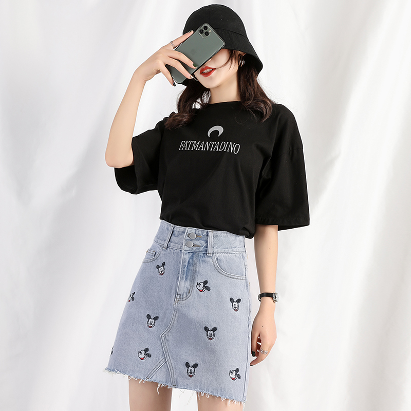 Real picture spring and summer high waist Mickey embroidery denim skirt show thin skirt women's A-line short skirt one step skirt