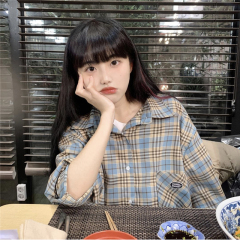 ~Young girl muah with embroidery small letter college retro Plaid Shirt spring and autumn Korea