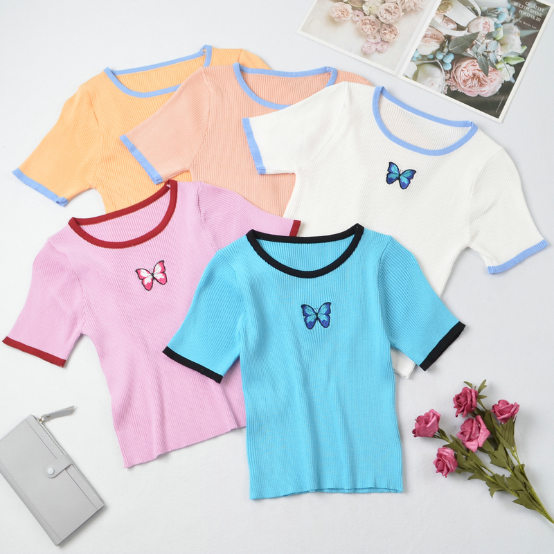 Real photo real price 2020 new ins butterfly print knitting short style contrast color thin all round short sleeve T-shirt
