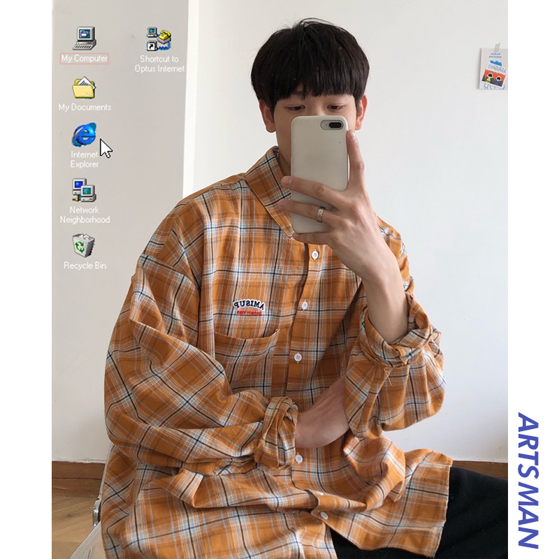 Spring and summer Plaid Long Sleeve Shirt Men's Korean version loose trend all over shirt jacket trend