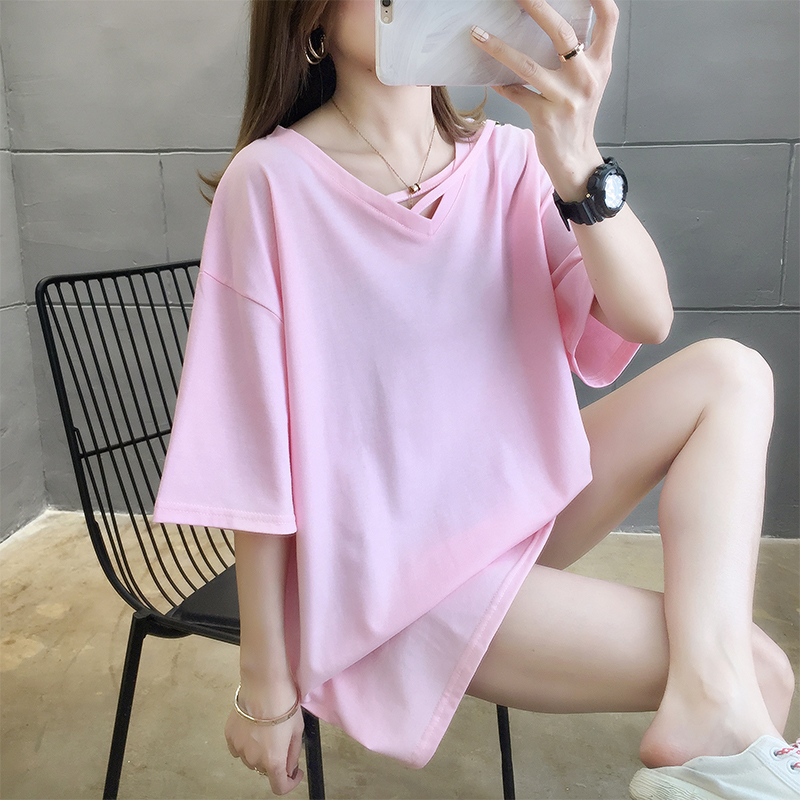 Actual photo 6535 cotton 2020 new solid V-neck short sleeve T-shirt women's summer college loose large top