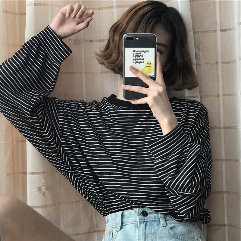 Fall 2020 stripe loose long sleeve T-shirt women's versatile top