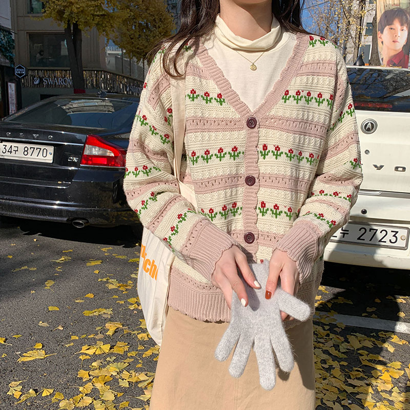 Real photo sweet retro Flower knitted cardigan women's Korean petal collar hollow long sleeve sweater coat