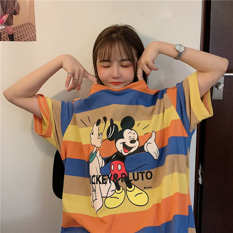 Photo 6535 cotton stripe color short sleeve Mickey T-shirt women's loose large