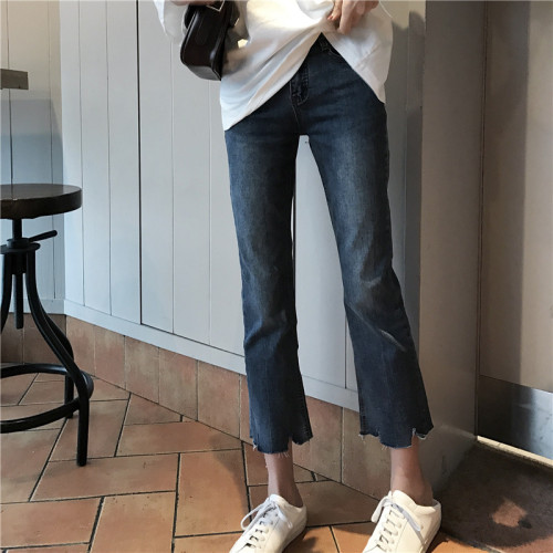Real-price ~trousers foot gap water-washed white jeans women's body-building nine-minute straight trousers