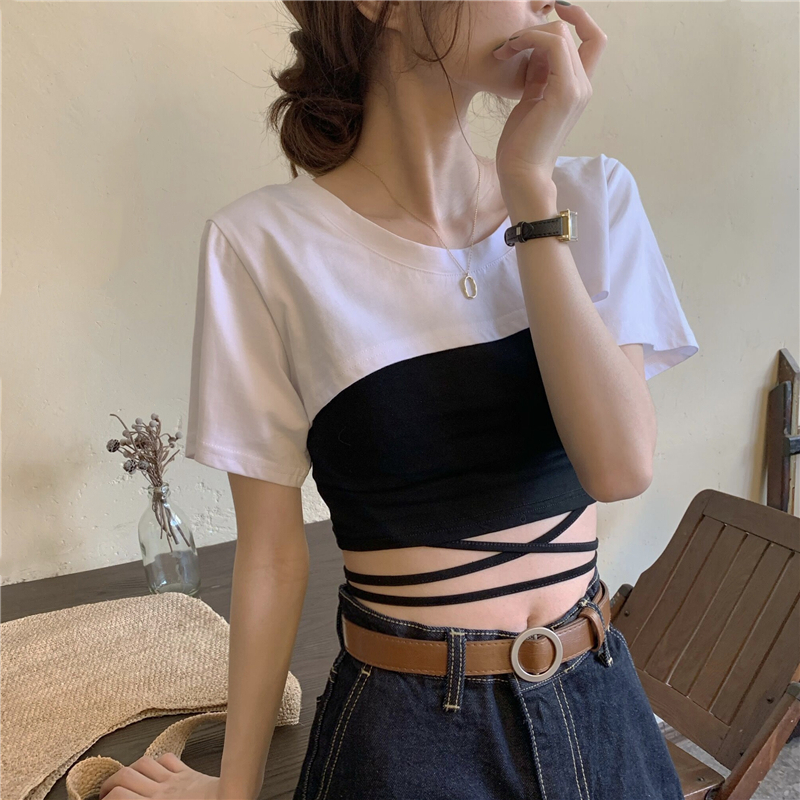 Real price! Korean retro ins short open navel tie SHORT SLEEVE BRA two piece T-Shirt Top