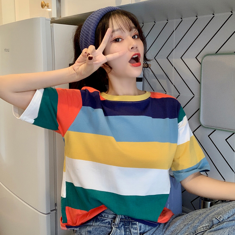 Real shot 6535 Rainbow Stripe short sleeve T-shirt women ins fashion Korean version of super fire net