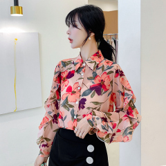 Real shot of Hong Kong Style broken Flower Chiffon shirt women's autumn new temperament chic shirt heart design sense minority top