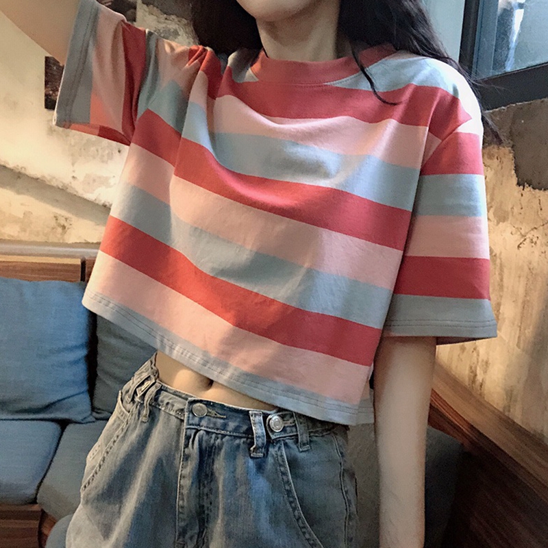 200g milk silk elegant stripe short sleeve T-shirt for women summer 2020 new Korean version ins