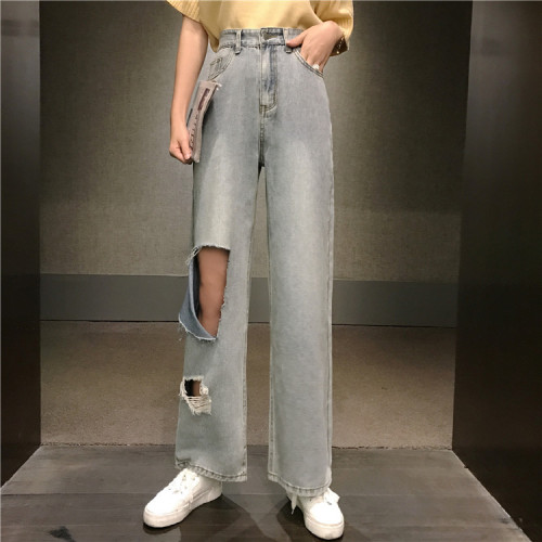 Controlled price 43 real Hong Kong-flavor summer high waist thin hole beggar thin Jeans Straight trousers nine-minute pants