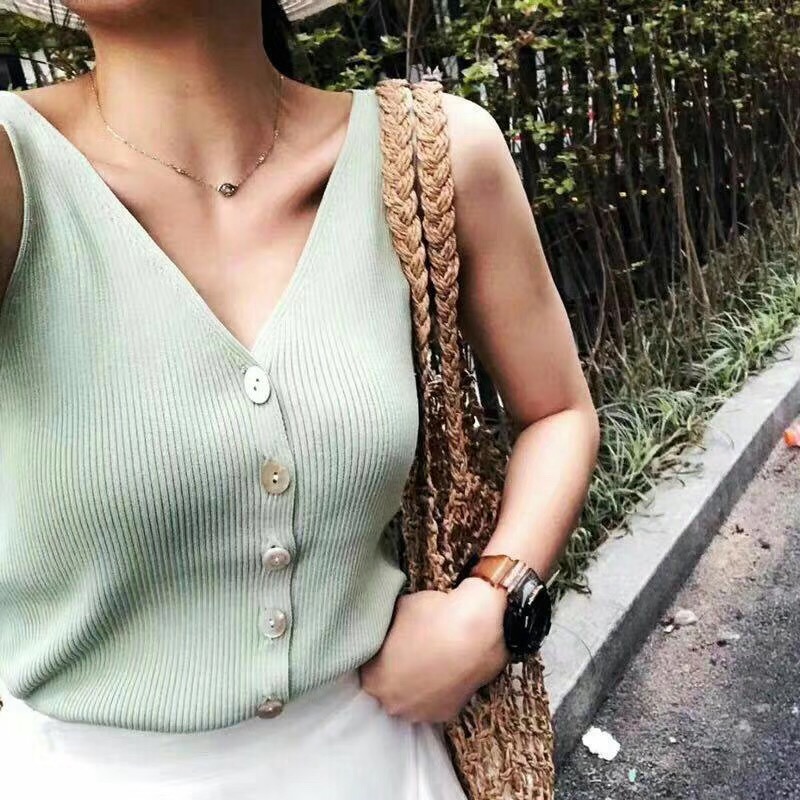 South Korea spring summer new sexy collar show thin knitting sleeveless bottoming vest suspender female