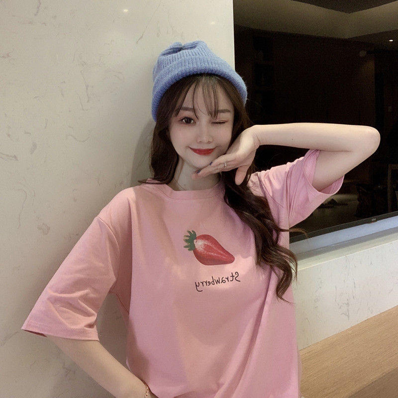 1924 Chen real photo 6535 Korean new summer 2020 thin loose orange strawberry short sleeve women's T-Shirt Top