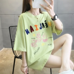 Real photo 100 cotton short sleeve T-shirt for women 2020 new loose Korean flocking cartoon student top large women's dress