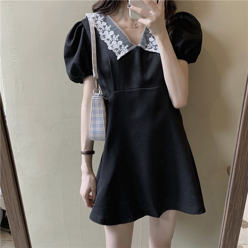 Real photo, real price, Korean version, sweet Lapel dress, high waist, small black dress, thin first love dress