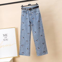 Real photo High Waist Wide Leg Jeans Women's loose and thin elegant embroidery straight tube long pants Mickey
