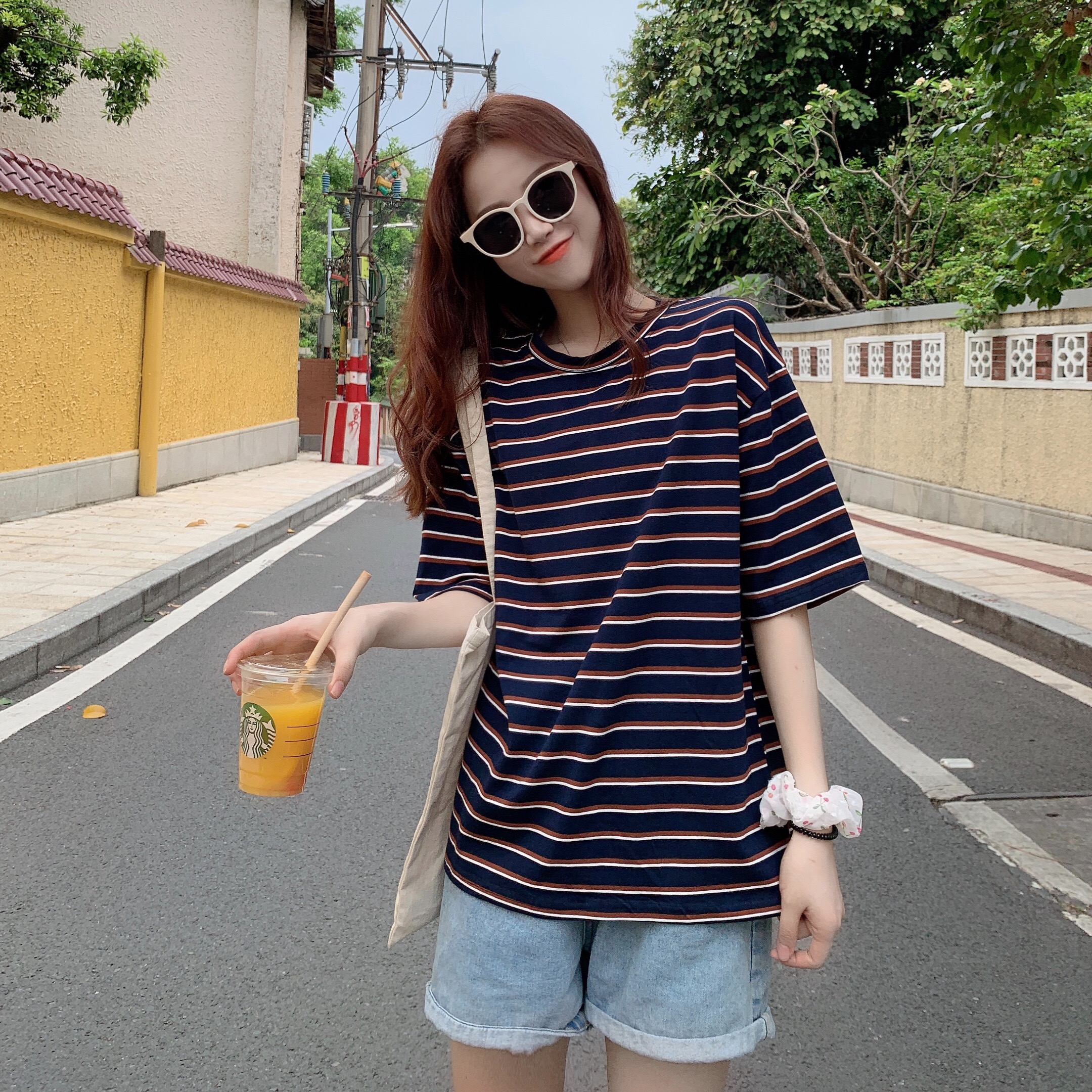 6535 cotton real photo summer Korean loose and versatile stripe short sleeve T-shirt women's new foreign style top