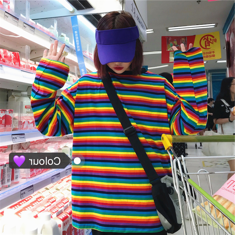 Korea ulzzang korean version versatile Harajuku BF wind Rainbow Stripe long sleeve loose woman