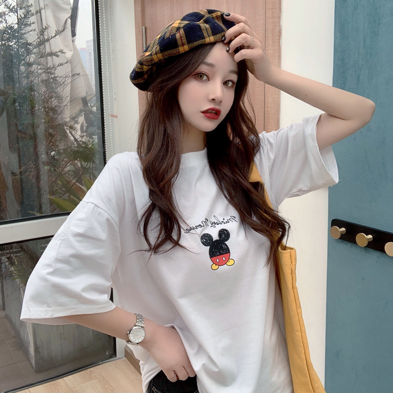 Actual photo: 6535 pull frame cotton short sleeve t-shirt female print medium long Mickey Mouse