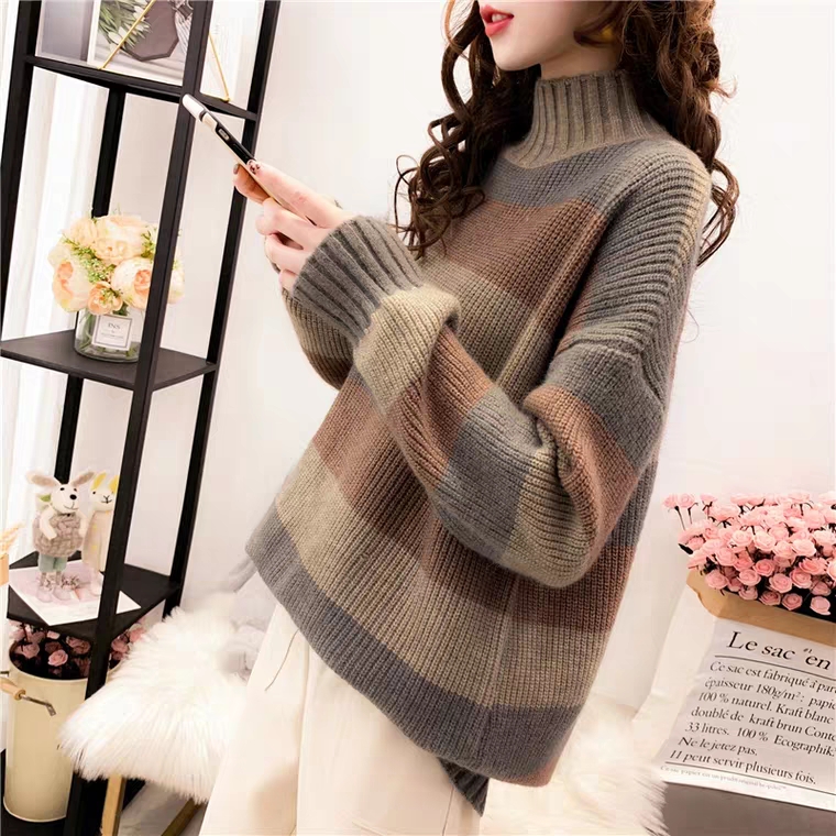 Thickened half high neck sweater women's wear new stripe loose and lazy top in autumn and winter