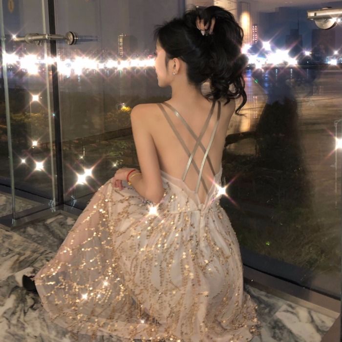 Net red with leaky back suspender dress for women 2020 summer new temperament V-neck sequins hollow sexy dress