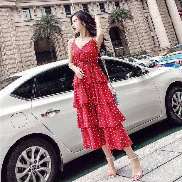 New style cake dress summer sling skirt wave point seaside holiday dress beach skirt women's open back dress