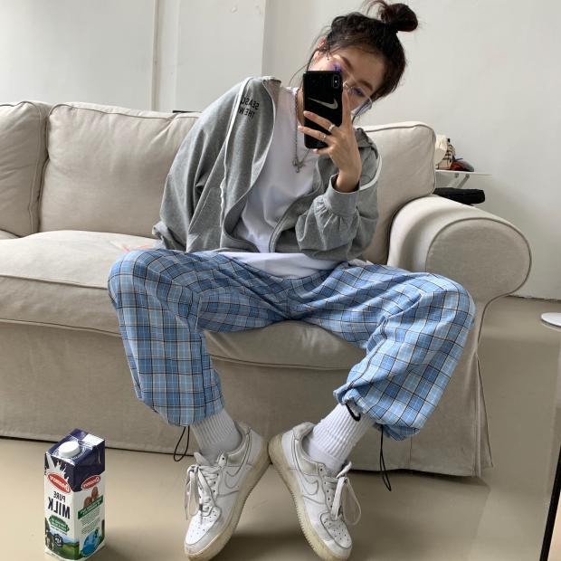 Ins drape wide leg plaid pants women's loose straight casual 9-point drawstring binding sports overalls