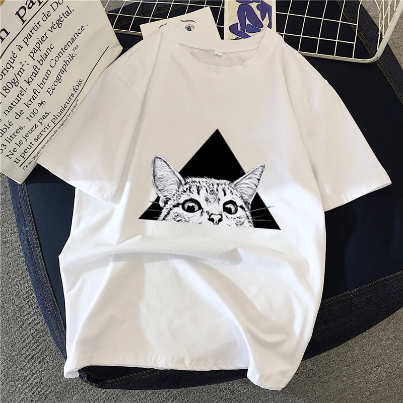 New summer T-shirt women's short sleeve top Korean triangle cat loose student round neck Pullover