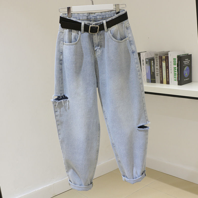 Large size 200jin fat mm hole jeans women's new Korean version versatile loose old dad pants Harun radish pants