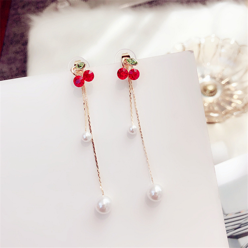 Red cherry silver needle Earrings long tassel temperament women's simple and versatile Earrings personalized Earrings